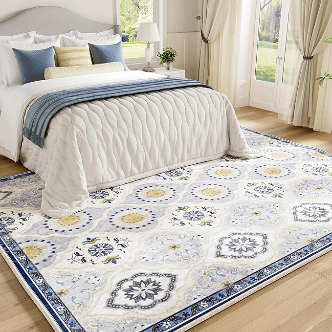 EnHomee Area Rugs 5x7, Soft Washable Rugs for Living Room Bedroom, Boho Non Slip Low Pile Stain Resistant Washable Rug Large Carpet for Dining Room,Easy to Clean Living Room Rug, Blue