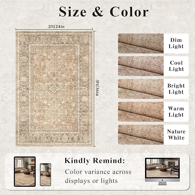 HelloTree 2x3 Entryway Rug Washable Vintage Print Door Mat Kitchen Rugs for Front Door Bedroom Living Room Entrance Small Soft Traditional Distressed Carpet Folable for Room Bedside-Khaki