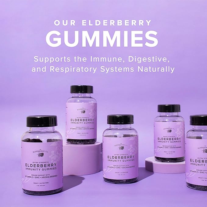 The Elderberry Co. Extra Strength Elderberry Gummies + Aronia Berries with Vitamins C, D,E and Zinc for All-Natural Immune Support, No Artificial Ingredients (60 Count)