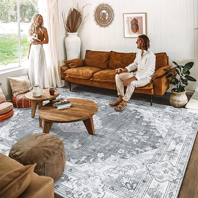 MUJOO Grey Rug 8'x10' Area Rugs for Living Room Bedroom Dining Room,Large Washable Boho Bohemian Vintage Distressed Farmhouse Non Slip Carpet, Floral Flowers