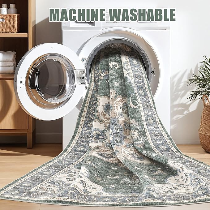 Area Rug for Living Room - 9x12 Soft Washable Oriental Vintage Floral Distressed Large Carpet - Fade Stain Resistant Non Slip Rugs for Bedroom Dining Room Nursery Dorm Office Home Decor - Green