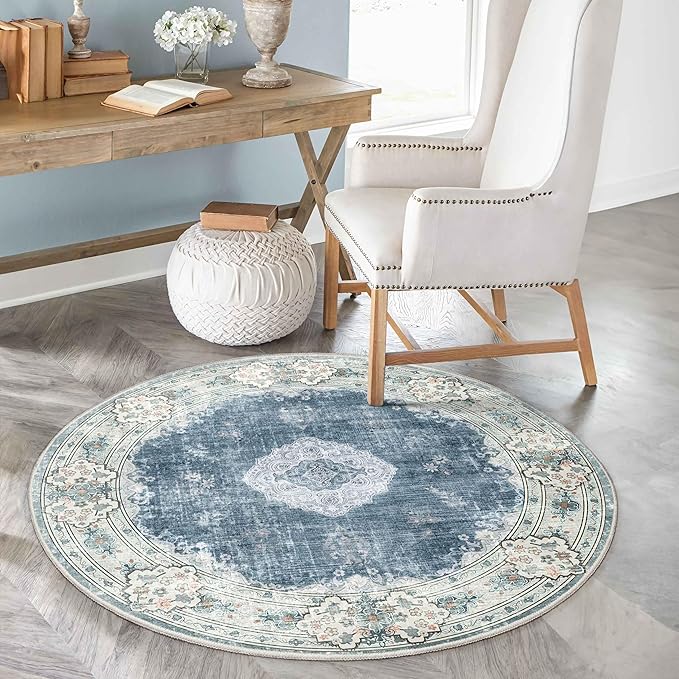 MUJOO Blue Round Rug 4ft,Circle Washable Area Rugs for Bedroom Living Room Bathroom,Boho Small Non Slip Circular Carpet, Floral