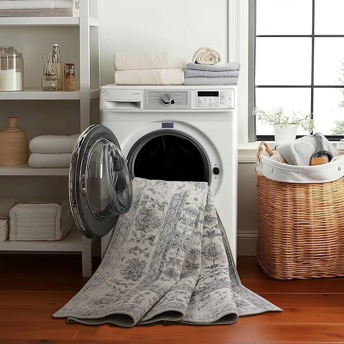 ReaLife Rugs Machine Washable Area Rug - Living Room Bedroom Bathroom Kitchen Entryway Office - Padded Low Pile Stain Resistant Premium - Boho Farmhouse Vintage - Noor - Ivory Grey 7'6" x 9'6"