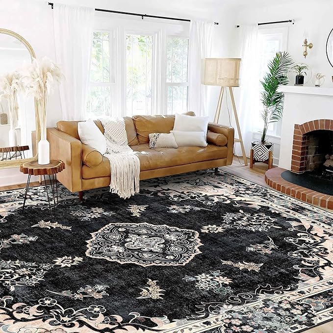 MUJOO 9’x12’ Area Rug Large Rugs for Living Room Bedroom Dining Room,Boho Washable Non Slip Bohemian Vintage Distressed Farmhouse Non Slip Big Carpet,Black Floral Flowers