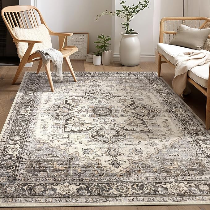 Area Rug 5x7 for Living Room - Washable Oriental Vintage Floral Distressed Large Indoor Carpets with Non Slip Back for Bedroom Dining Room Nursery Office Home Decor - Grey Brown