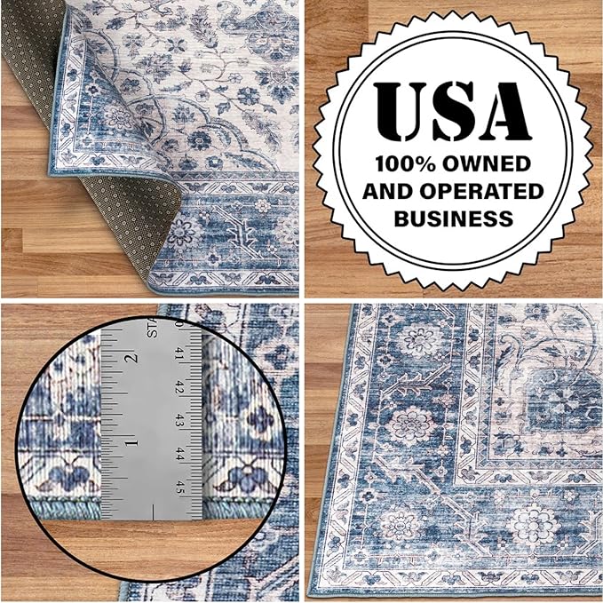 ReaLife Rugs Machine Washable Area Rug - Living Room Bedroom Bathroom Kitchen Entryway Office - Padded Low Pile Stain Resistant Premium - Boho Farmhouse Vintage - Joy - Blue Ivory 7'6" x 9'6"