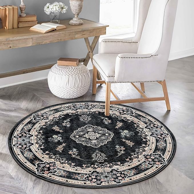 MUJOO Black Round Rug 4ft,Circle Washable Area Rugs for Bedroom Living Room Bathroom,Vintage Bohemian Distressed Farmhouse Non Slip Circular Carpet,Floral