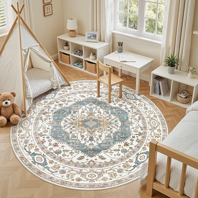 Area Rug for Living Room - 8x8 Soft Washable Oriental Vintage Floral Distressed Large Carpet - Fade Stain Resistant Non Slip Rugs for Bedroom Dining Room Nursery Dorm Office Home Decor - Blue/Beige