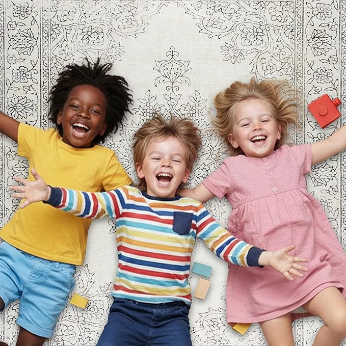 ReaLife Rugs Machine Washable Area Rug Runner - Living Room Bedroom Bathroom Kitchen Entryway Office - Padded Low Pile Stain Resistant Premium - Boho Farmhouse Vintage - Paige - Ivory 2'6" x 6'