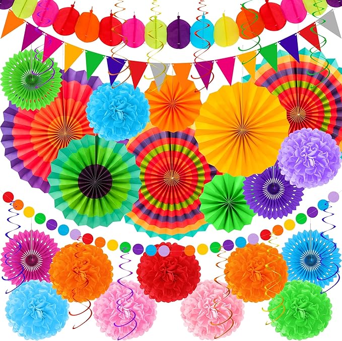 35 PCS Cinco De Mayo Decorations, Fiesta Party Decorations Hispanic Heritage Month Decorations Banner Paper Fans Tissue Pompom Swirls Garland for Day of Dead Mexican Party Decor Supplies Decor
