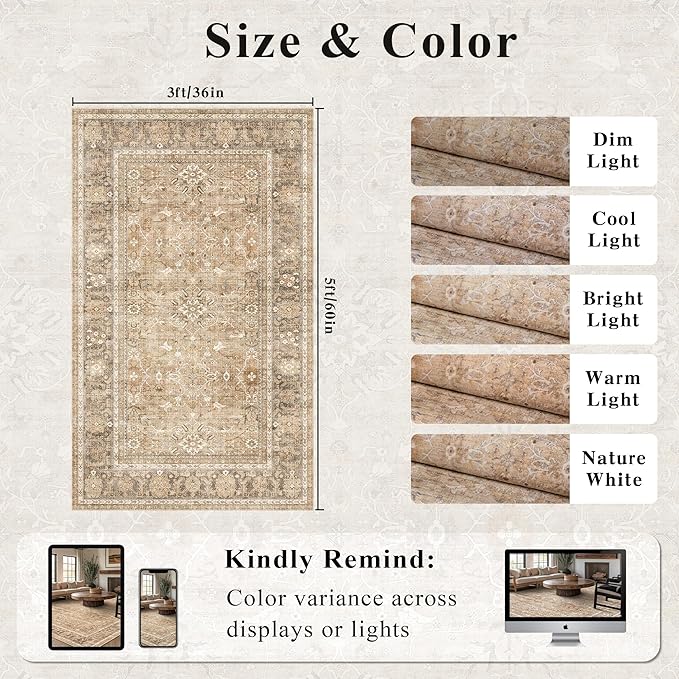 HelloTree Vintage Area Rug 3x5 Khaki Entryway Office Washable Carpet Non Slip Backing Printed Distressed Rugs for Bedroom Vintage Boho Tribal Area Rugs for Bathroom Bedroom Dining Living Room-Khaki