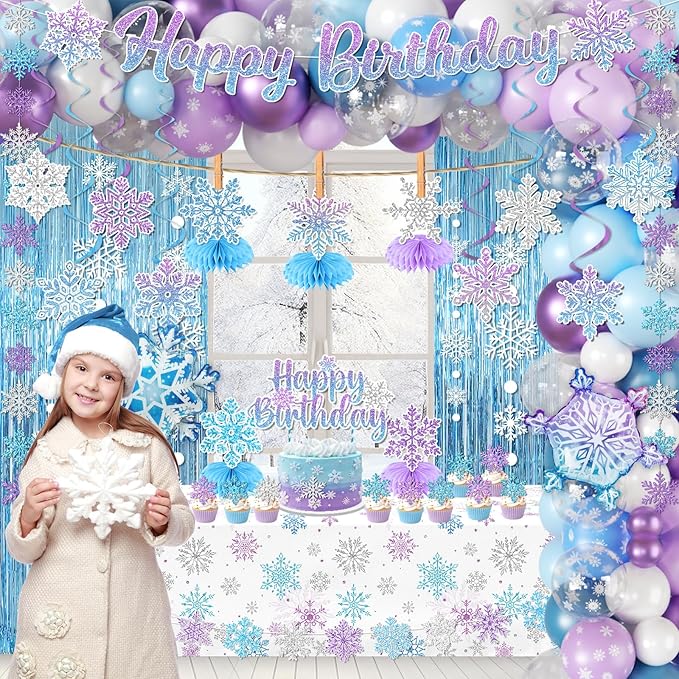 Snowflake Birthday Party Decorations, Blue Purple Winter Wonderland Decorations Kit include Fringe Curtain,Snowflake Garland,Balloon,Banner,Cake Topper,Tablecloth for Winter Snowflake Party Decor