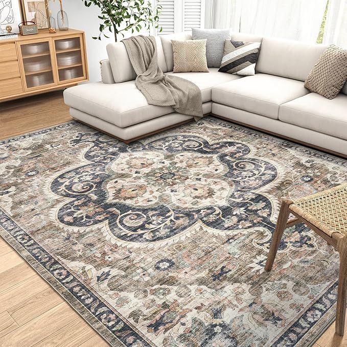 ReaLife Rugs Machine Washable Area Rug - Living Room Bedroom Bathroom Kitchen Entryway Office - Padded Low Pile Stain Resistant Premium - Boho Farmhouse Vintage - Joy - Brown Beige 4' x 6'