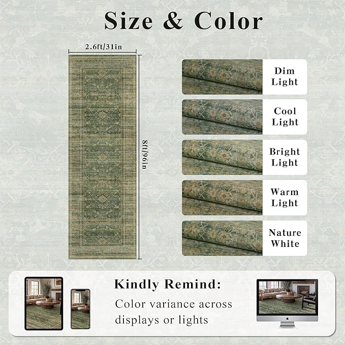 2.6x8 Runner Rug for Hallways Vintage Distressed Non Slip Long Carpet Floral Boho Distress Print Pattern Mat Lightweight Retro Accent Throw Carpet for Kitchen Bedroom Bedside Laundry Room-Green