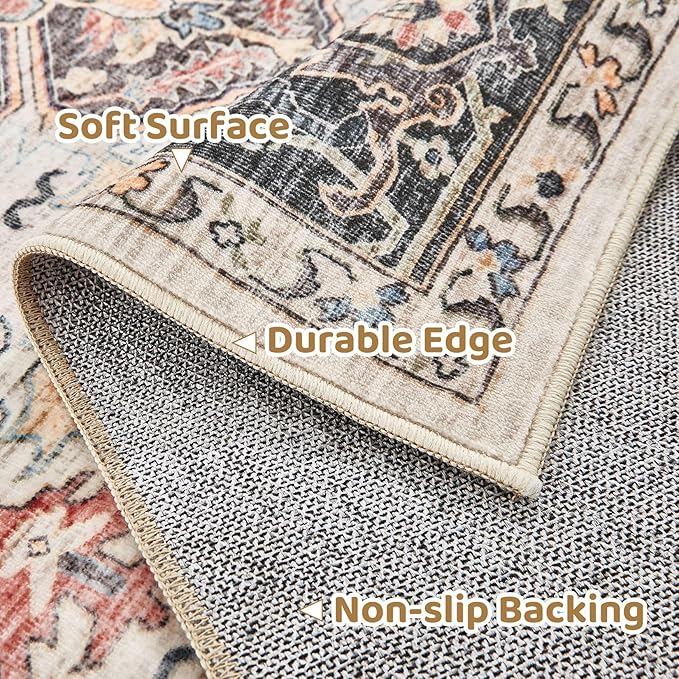 Area Rug for Living Room - 5x5 Large Soft Washable Oriental Vintage Floral Carpet Safe for Babies & Pets - Fade Stain Resistant Non Slip Rugs for Bedroom Dining Room Nursery Dorm Office Home Decor