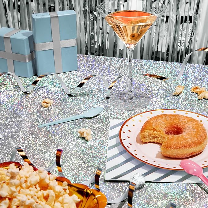 4 pcs Silver Holographic Tablecloths Shiny Disco Laser Table Cloths 40" x 108" Iridescence Plastic White Table Cover for Birthday Party Decoration Wedding Christmas Winter Grad Party Supplies