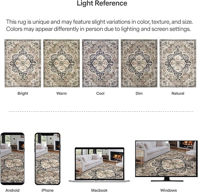 ReaLife Rugs Machine Washable Area Rug - Living Room Bedroom Bathroom Kitchen Entryway Office - Padded Low Pile Stain Resistant Premium - Boho Farmhouse Vintage - Joy - Brown Beige 7'6" x 9'6"