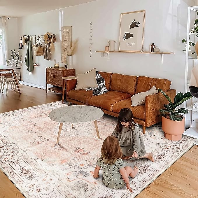 MUJOO Pink Rug 6'x9' Area Rugs for Living Room Washable Rugs Large Boho Carpet for Bedroom Dining Room Neutral Vintage Farmhouse Abstract Non Slip Soft Low-Pile Floral Flowers