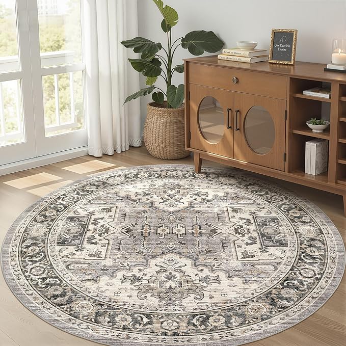Area Rug for Living Room - 5x5 Soft Machine Washable Oriental Vintage Floral Distressed Large Indoor Floor Carpet for Bedroom Under Dining Table Home Office Decor - Brown