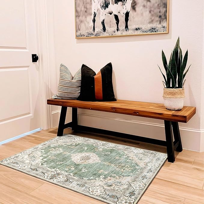 MUJOO Green Area Rug Small Rugs Boho Machine Washable Rugs Non Slip for Entryway Kitchen Bathroom Bedroom Vintage Soft Low-Pile 2'x3' Flowers
