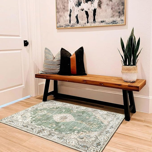 MUJOO Green Area Rug Small Rugs Boho Machine Washable Rugs Non Slip for Entryway Kitchen Bathroom Bedroom Vintage Soft Low-Pile 2'x3' Flowers