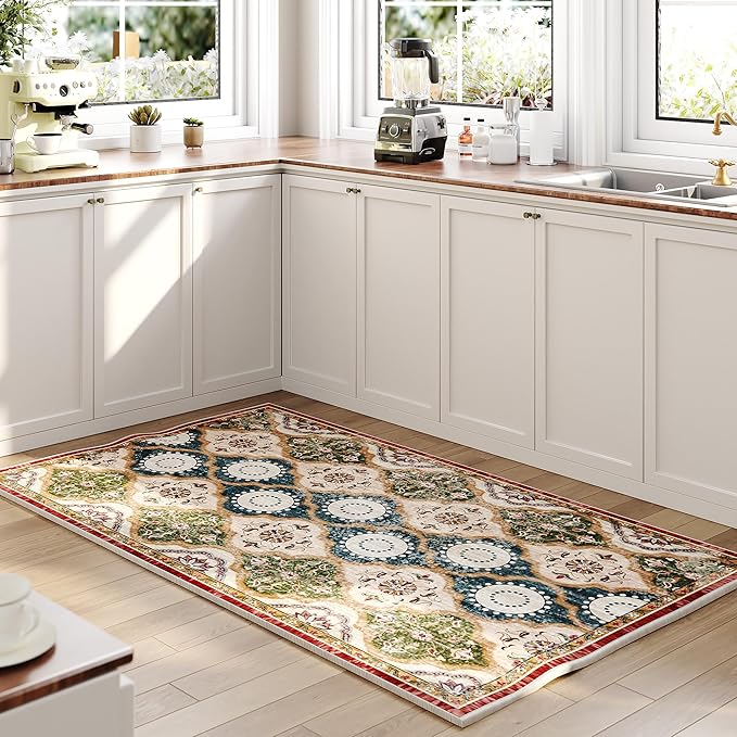 EnHomee Area Rugs 3x5, Soft Washable Rugs for Living Room Bedroom, Boho Non Slip Low Pile Stain Resistant Washable Rug Large Carpet for Dining Room,Easy to Clean Living Room Rug, Red & Green