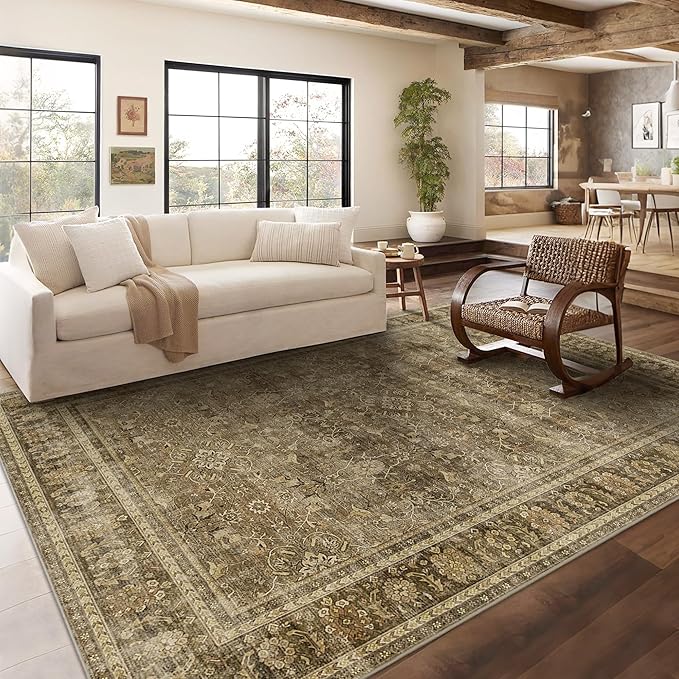 HelloTree Washable Rugs 8x10 Area Rug for Living Room, Vintage Boho Brown Rug Non Slip Carpet Retro Accent Indoor Mat Print Distressed Low Pile Throw Large Rug for Office Dining Room Bedside-Brown