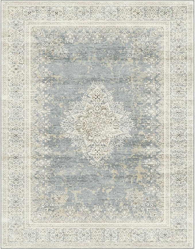 Area Rug 7x9, Washable Gray Vintage Rug, Traditional Floor Cover Thin Rug, Retro Indoor Distressed Non Slip Carpet, Floral Print Mat Living Room Bedroom (Grey/Light Camel, 7X9)