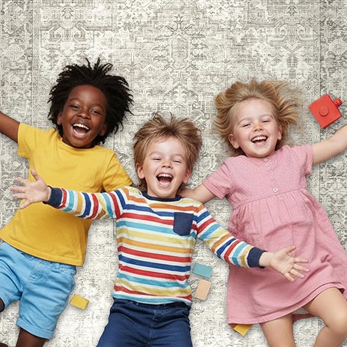 ReaLife Rugs Machine Washable Area Rug Runner - Living Room Bedroom Bathroom Kitchen Entryway Office - Padded Low Pile Stain Resistant Premium - Boho Farmhouse Vintage - Lyle - Beige Ivory 2'6" x 6'