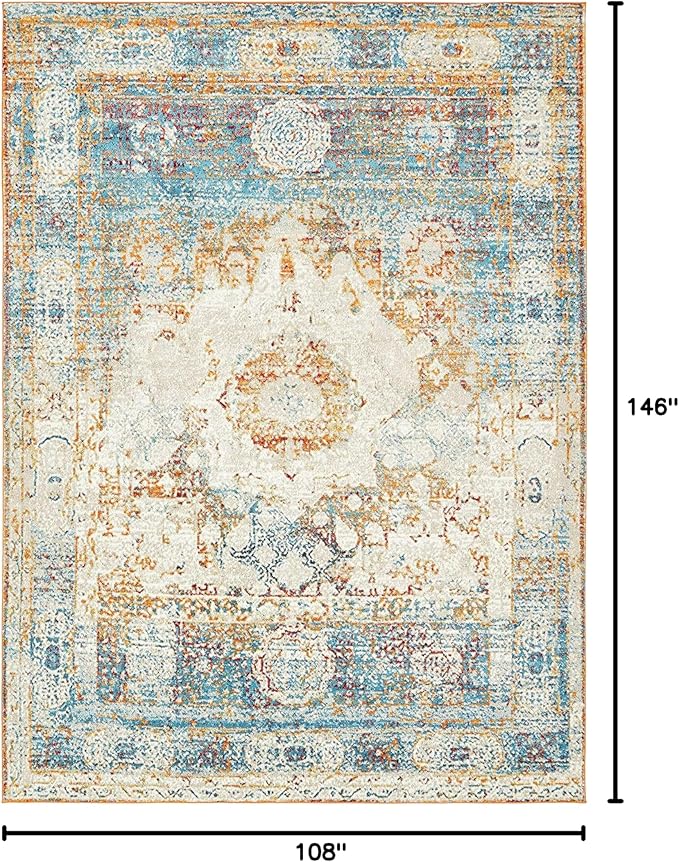 Unique Loom Rosso Collection Traditional, Vintage, Medallion, Border, Distressed, Southwestern Area Rug, 9 ft x 12 ft, Ivory/Blue