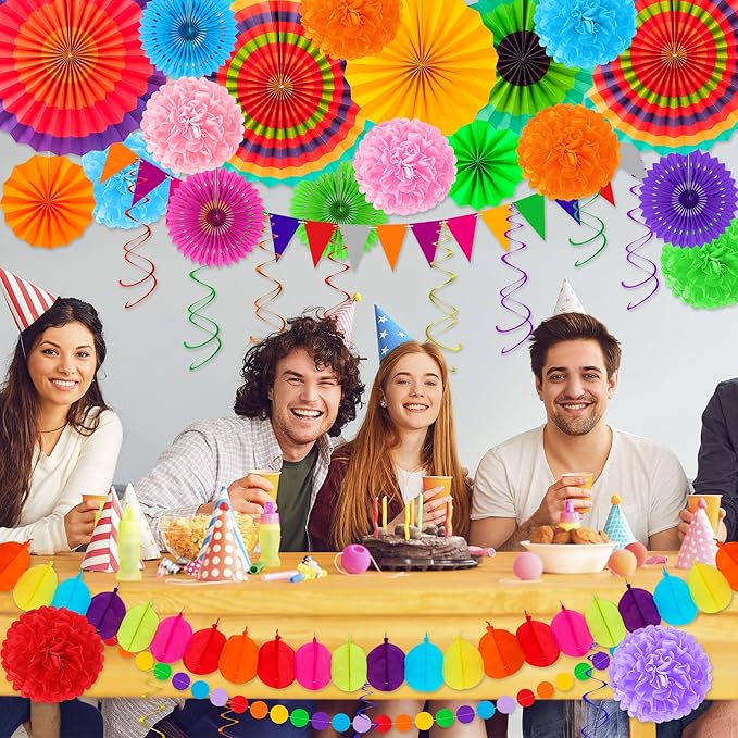 35 PCS Cinco De Mayo Decorations, Fiesta Party Decorations Hispanic Heritage Month Decorations Banner Paper Fans Tissue Pompom Swirls Garland for Day of Dead Mexican Party Decor Supplies Decor