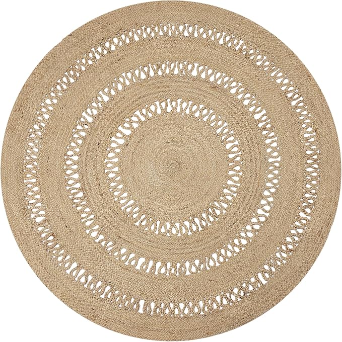 REDEARTH · Round Area Rug - 5 Feet Braided Scalloped Earthy Trails Jute Rug- Artisan Made Boho Jute Patterned Rugs for Bedroom, Kitchen, Living Room, Farmhouse, Aesthetic, Handmade Vintage Décor