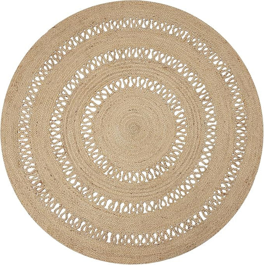 REDEARTH · Round Area Rug - 8 Feet Braided Scalloped Earthy Trails Jute Rug- Artisan Made Boho Jute Patterned Rugs for Bedroom, Kitchen, Living Room, Farmhouse, Aesthetic, Handmade Vintage Decor