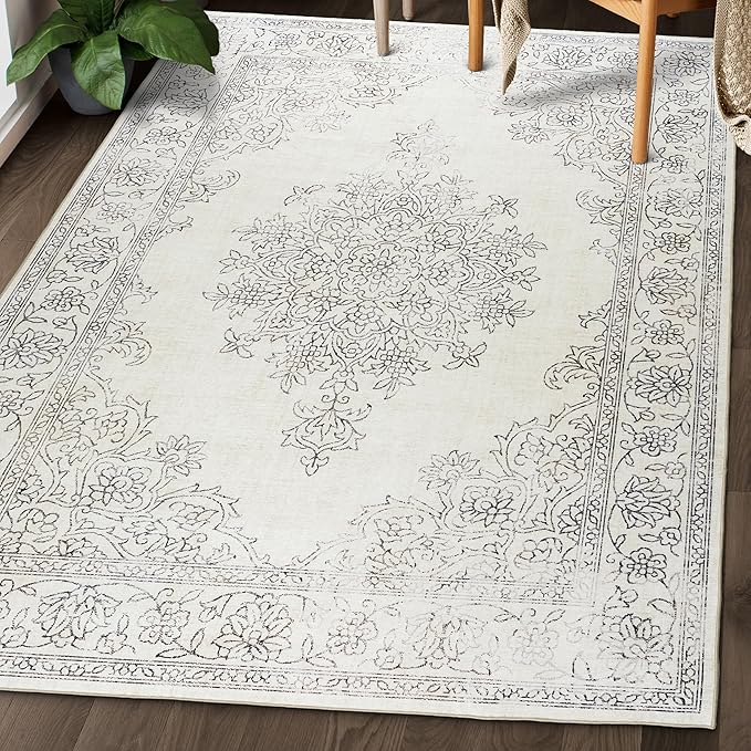 ReaLife Rugs Machine Washable Area Rug - Living Room Bedroom Bathroom Kitchen Entryway Office - Padded Low Pile Stain Resistant Premium - Boho Farmhouse Vintage - Paige - Ivory 7'6" x 9'6"