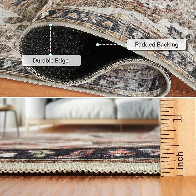 ReaLife Rugs Machine Washable Area Rug - Living Room Bedroom Bathroom Kitchen Entryway Office - Non Slip Low Pile Stain Resistant Premium - Boho Farmhouse Vintage - Joy - Brown Beige 4' Round