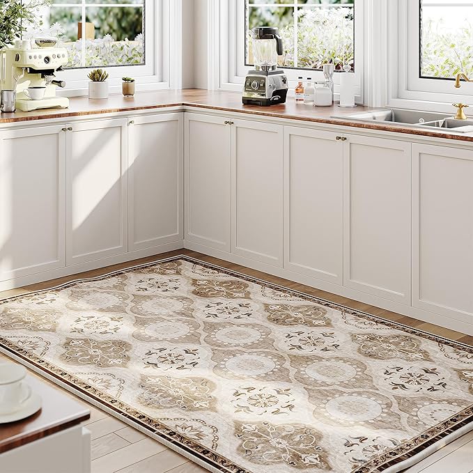 EnHomee Washable Area Rugs 4x6, Soft Area Rug for Living Room Bedroom, Boho Non Slip Low Pile Stain Resistant Washable Rug Large Carpet for Dining Room,Easy to Clean Living Room Rug, Khaki