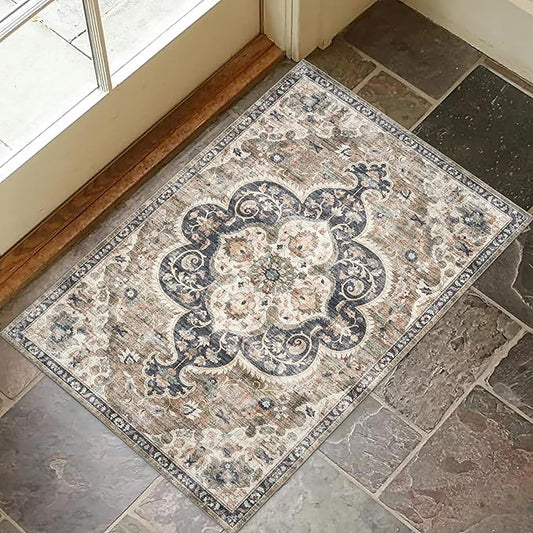 ReaLife Rugs Machine Washable Area Rug - Living Room Bedroom Bathroom Kitchen Entryway Office - Padded Crease Free Stain Resistant Premium - Boho Farmhouse Vintage- Joy - Brown Tan - 2'x 3'