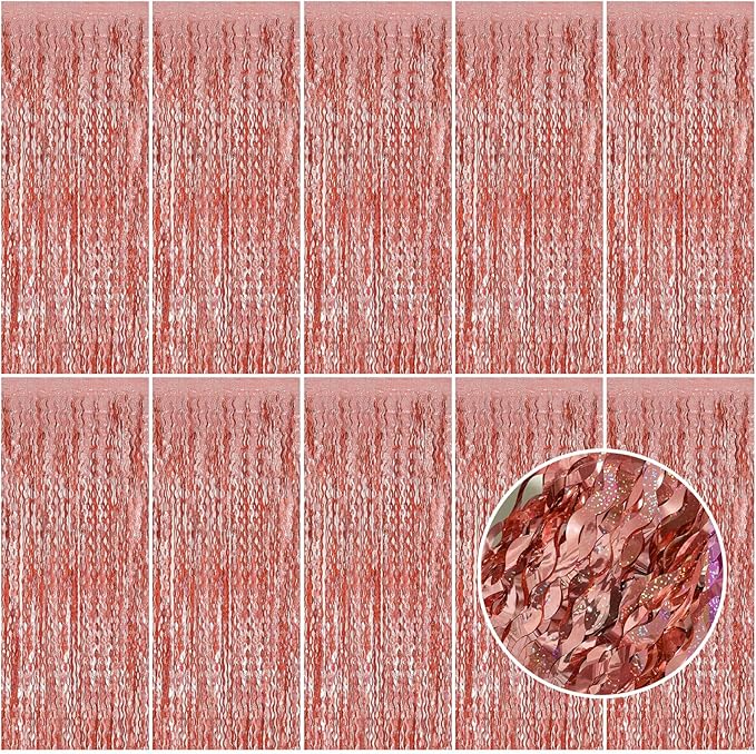 Rose Gold Tinsel Foil Fringe Curtains Wavy Backdrop for Parties Sparkle Metallic Wavy Foil Fringe Backdrop Curtain Photo Booth Props Birthday Graduation Wedding Bachelorette Party Decorations