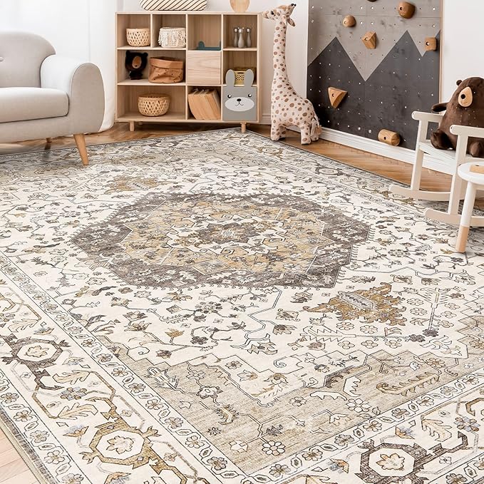 Area Rug for Living Room - 6x9 Soft Washable Oriental Vintage Floral Distressed Large Carpet - Fade Stain Resistant Non Slip Rugs for Bedroom Dining Room Nursery Dorm Office Home Decor-Camel/Beige