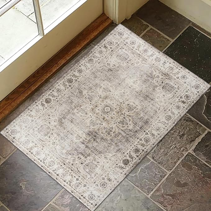 ReaLife Rugs Machine Washable Area Rug - Living Room Bedroom Bathroom Kitchen Entryway Office - Padded Crease Free Stain Resistant Premium - Boho Farmhouse Vintage- Joy- Beige Ivory - 2'x 3'