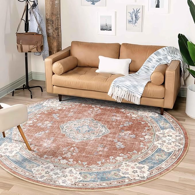 MUJOO Boho Round Rug 6ft,Circle Washable Area Rugs for Bedroom Living Room Bathroom, Large Vintage Distressed Non Slip Circular Carpet,Orange Navy Blue Floral