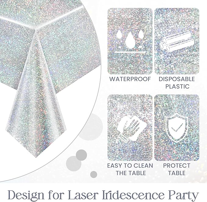 4 pcs Silver Holographic Tablecloths Shiny Disco Laser Table Cloths 40" x 108" Iridescence Plastic White Table Cover for Birthday Party Decoration Wedding Christmas Winter Grad Party Supplies