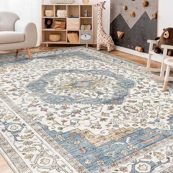 Area Rug for Living Room - 10x12 Soft Washable Oriental Vintage Floral Distressed Large Carpet - Fade Stain Resistant Non Slip Rugs for Bedroom Dining Room Nursery Dorm Office Home Decor - Blue/Beige