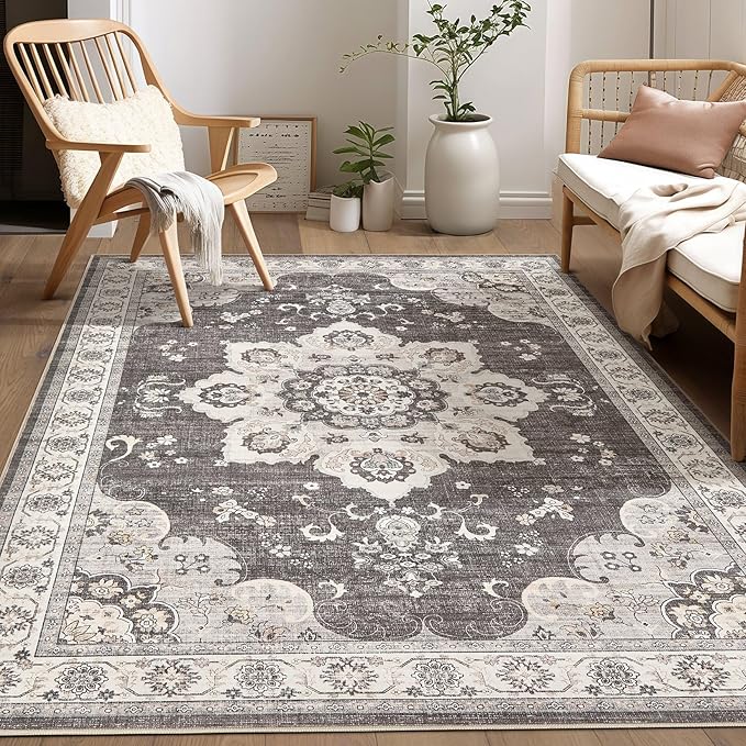 Area Rug for Living Room - 5x7 Soft Washable Oriental Vintage Floral Distressed Large Carpet - Fade Stain Resistant Non Slip Rugs for Bedroom Dining Room Nursery Dorm Office Home Decor - Brown/Grey