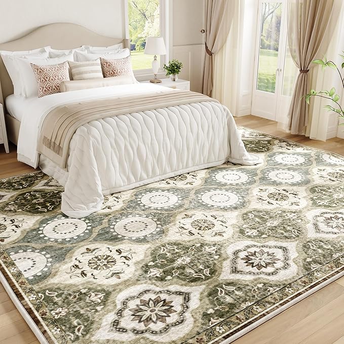EnHomee 8x10 Area Rug, Soft Washable Rugs for Living Room Bedroom, Boho Non Slip Low Pile Stain Resistant Washable Rug Large Area Rugs for Dining Room,Easy to Clean Living Room Rug, Green