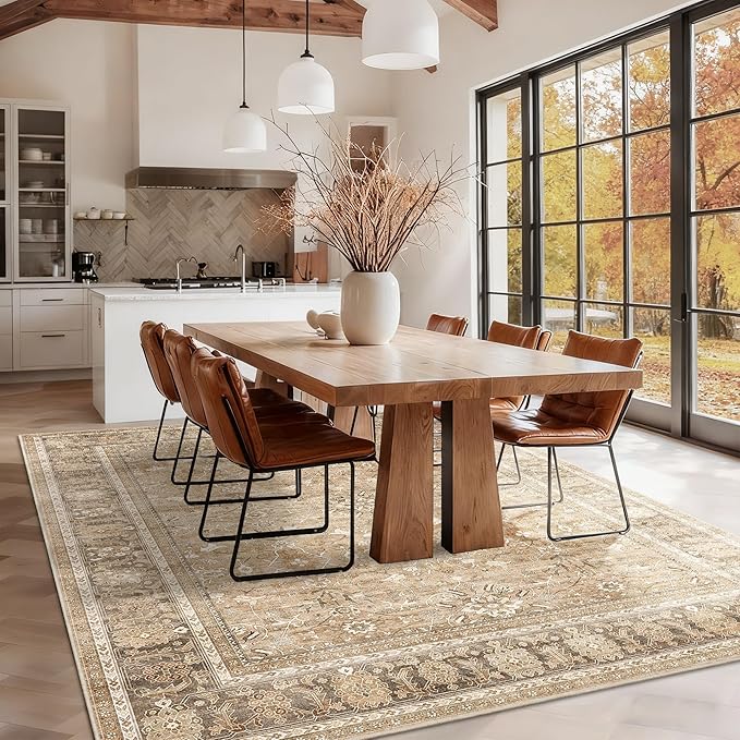 HelloTree Washable Rugs 8x10 Area Rug for Living Room, Vintage Boho Khaki Rug Non Slip Carpet Retro Accent Indoor Mat Print Distressed Low Pile Throw Large Rug for Office Dining Room Bedside-Khaki