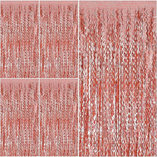 Rose Gold Tinsel Foil Fringe Curtains Wavy Backdrop for Parties Sparkle Metallic Wavy Foil Fringe Backdrop Curtain Photo Booth Props Birthday Graduation Wedding Bachelorette Party Decorations