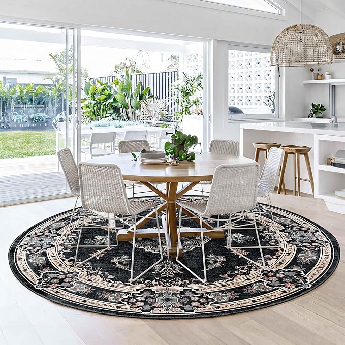 MUJOO Black Round Rug 6ft,Circle Washable Area Rugs for Bedroom Living Room Bathroom,Boho Large Vintage Bohemian Distressed Farmhouse Non Slip Circular Carpet,Floral