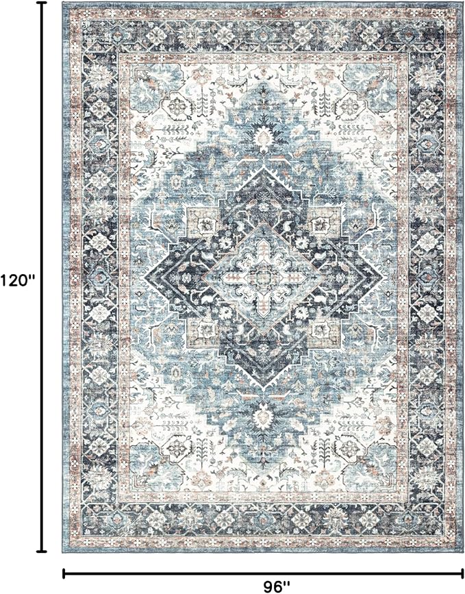 Area Rug 8×10, Large Vintage Boho Rug,Ultra-Soft Low Pile, Washable, Non Slip,Stain Resistant, Printed Carpet for Living Room Bedrooms Playroom Office Kitchen, Blue/Navy