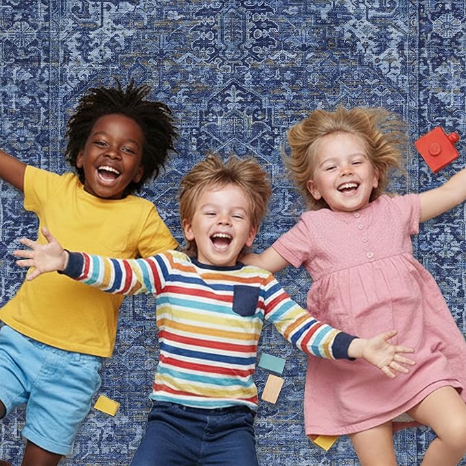 ReaLife Rugs Machine Washable Area Rug - Living Room Bedroom Bathroom Kitchen Entryway Office - Padded Low Pile Stain Resistant Premium - Boho Vintage Traditional - Lyle - Blue 7'6" x 9'6"